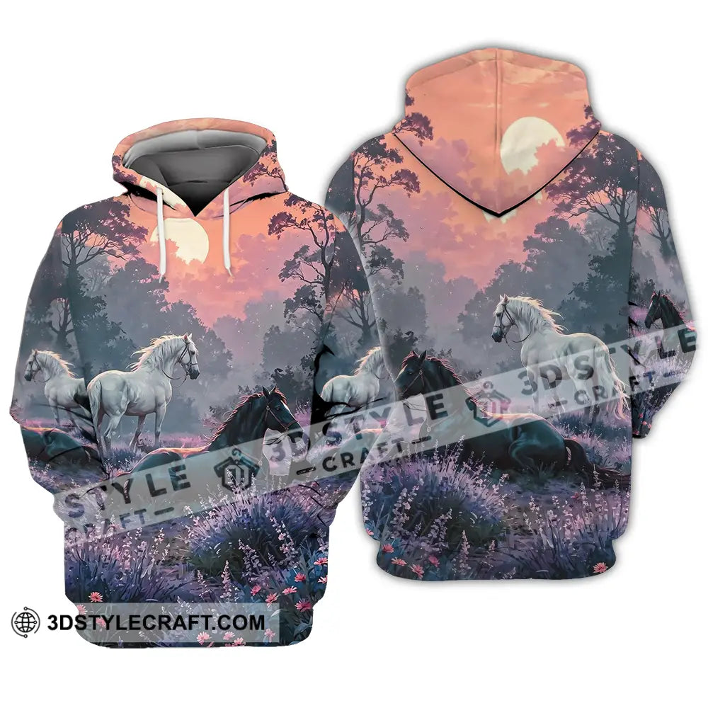 Unisex Shirt - Black And White Horses In Sunset Horse Graphic Animal Scenery Stylish Shirt Hoodie / S T-shirt