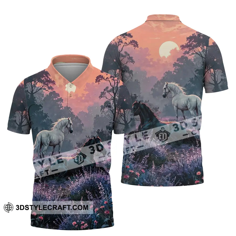 Unisex Shirt - Black And White Horses In Sunset Horse Graphic Animal Scenery Stylish Shirt Polo Shirt / S T-shirt