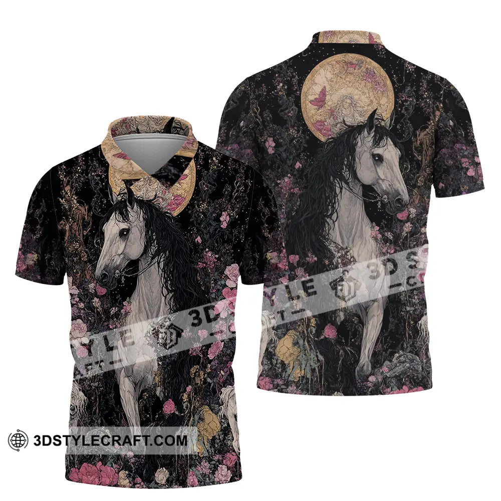 Unisex Shirt - Black Horse And Flowers Horse Graphic Animal Scenery Stylish Shirt Polo Shirt / S T-shirt
