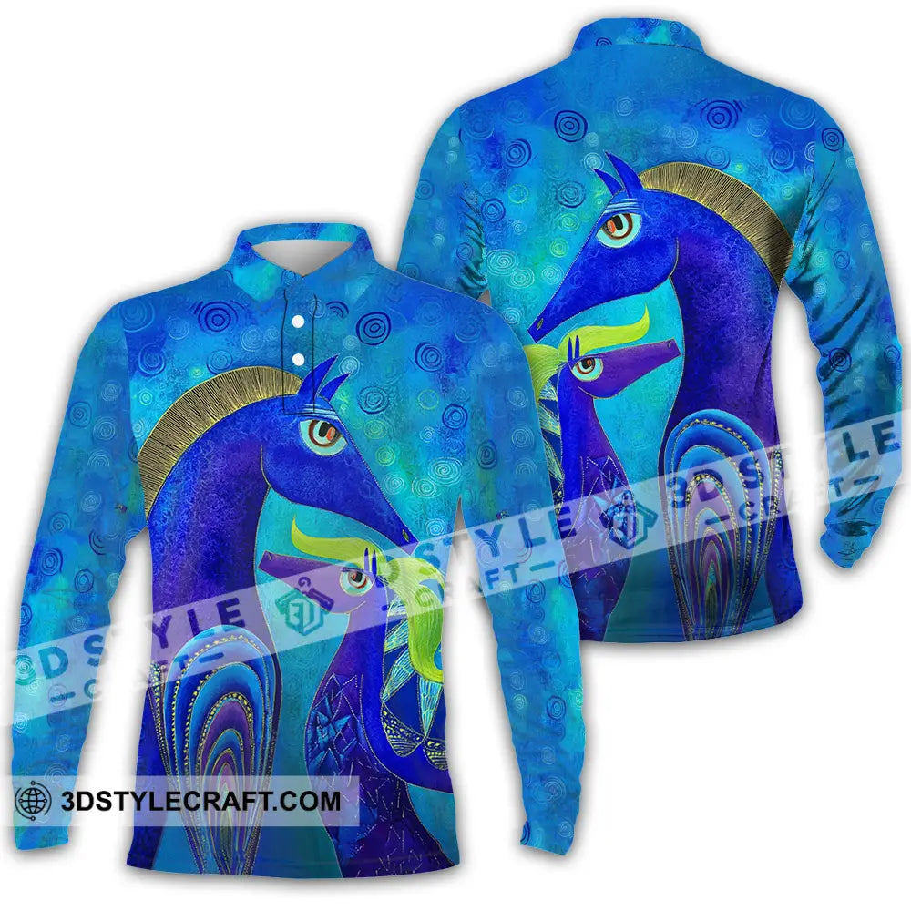 Unisex Shirt - Blue Abstract Art Horses Graphic Shirt Long Sleeve Polo / S T-shirt