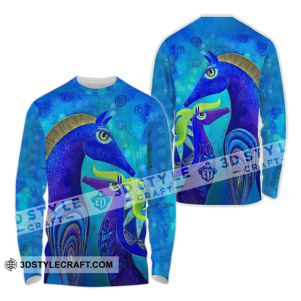 Unisex Shirt - Blue Abstract Art Horses Graphic Shirt Long Sleeve Shirt / S T-shirt