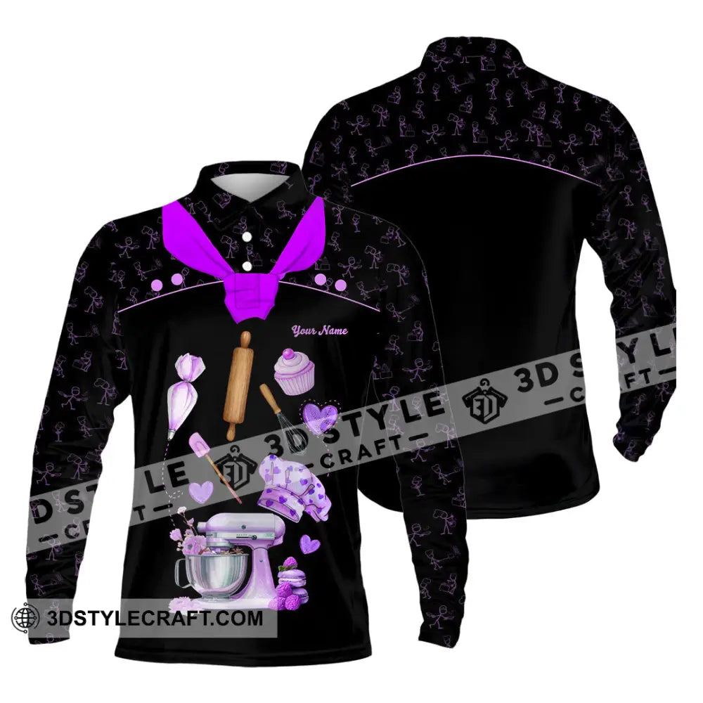 Unisex Shirt - Custom Bakery Black & Purple Cute Shirt Long Sleeve Polo / S T-shirt