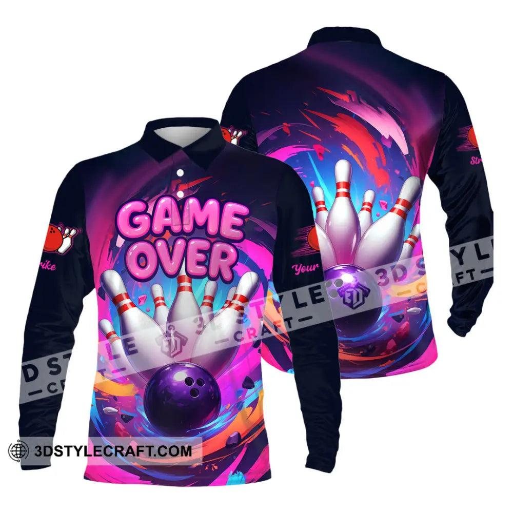 Unisex Shirt - Custom Funny Bowling Game Purple Shirt Long Sleeve Polo / S T-shirt