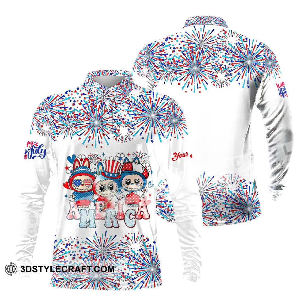 Unisex Shirt Custom Labubu The Monsters Cute Shirt America Happy Fourth of July Cute Collectible Gift Long Sleeve Polo
