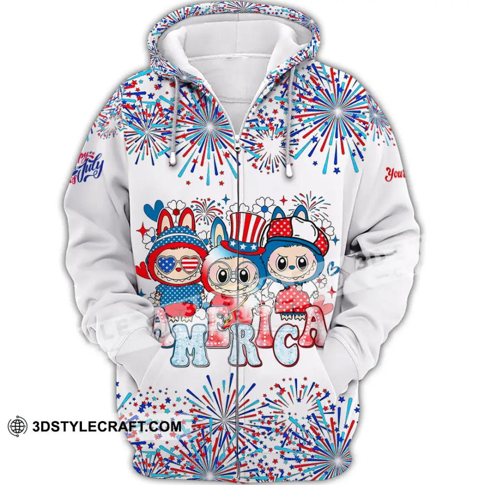 Unisex Shirt Custom Labubu The Monsters Cute Shirt America Happy Fourth of July Cute Collectible Gift Zipper Hoodie / S
