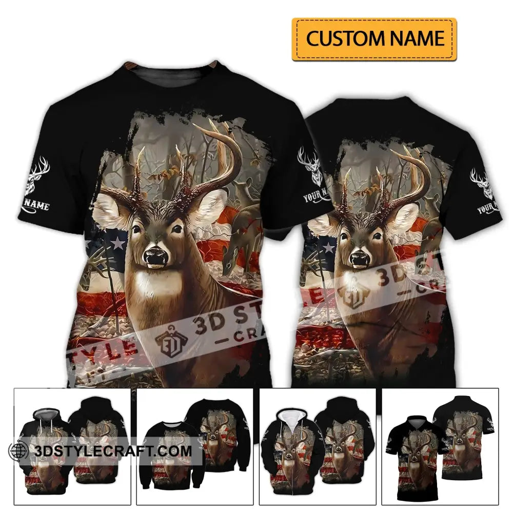 Unisex Shirt - Custom Name 3D America Deer T-Shirt