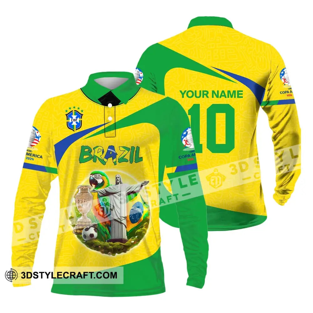 Unisex Shirt Custom Name And Number Brazil Football T-Shirt Copa 2024 Polo Long Sleeve / S