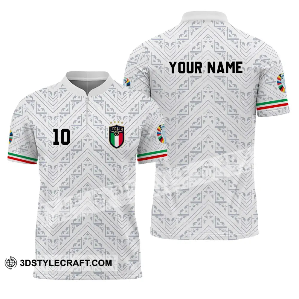 Unisex Shirt - Custom Name And Number Euro 2024 Italy White Line Zipper Polo / S T-Shirt