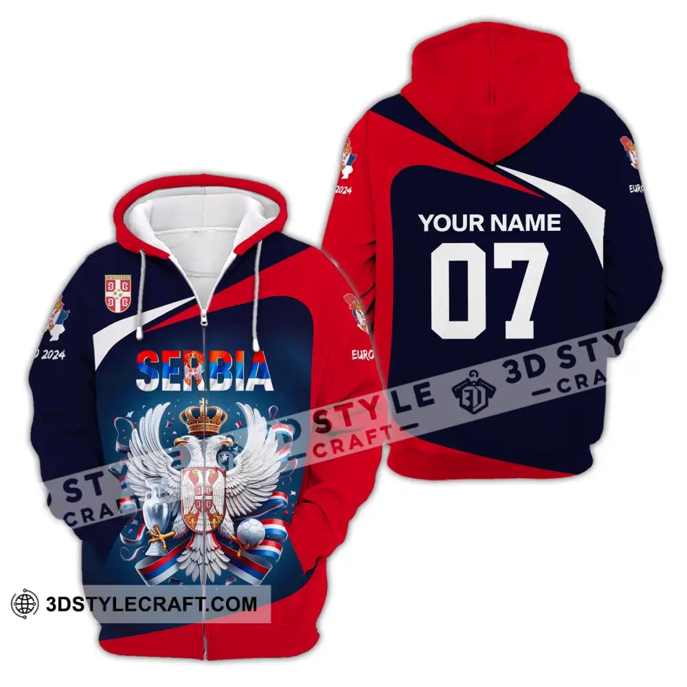Unisex Shirt Custom Name And Number Football T-Shirt Euro 2024 Serbia Polo Long Sleeve Zipper