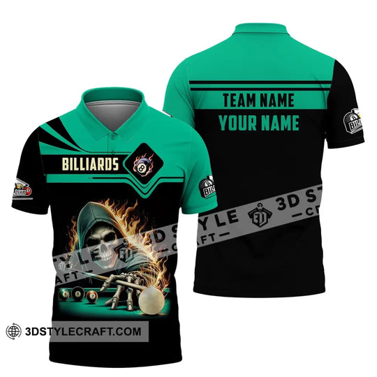Unisex Shirt, Custom Name and Team Name Billiards Shirt, Billiards Polo Long Sleeve, Billiards Skull, Billiards T-Shirt style option 4