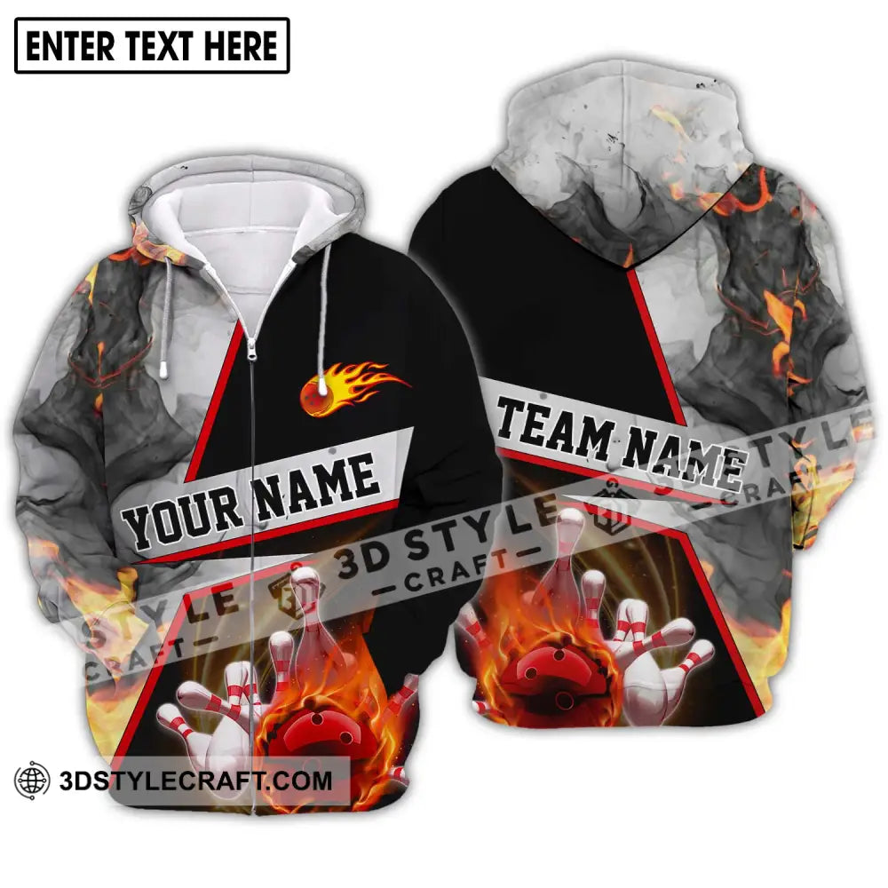 Unisex Shirt - Custom Name And Team Fire Ball Bowling Lover Zipper Hoodie / S T-Shirt