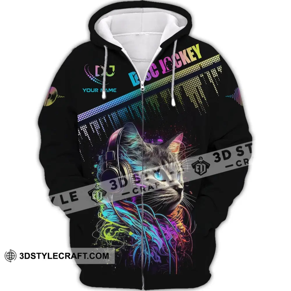 Unisex Shirt Custom Name Disc Jockey T-Shirt Music Lover Dj Cat Gift For Zipper Hoodie / S