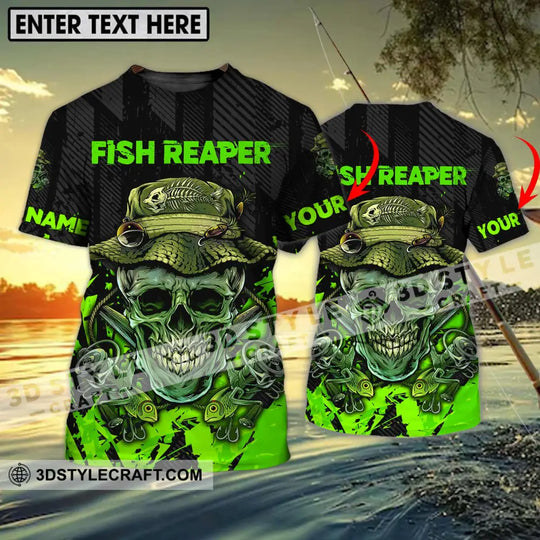 Unisex Shirt - Custom Name Fisher Shirt, Fish Reaper Green Skull style option 1