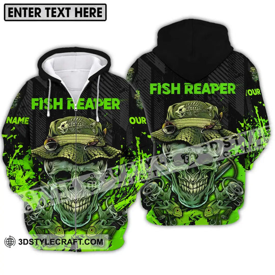 Unisex Shirt - Custom Name Fisher Shirt, Fish Reaper Green Skull style option 2