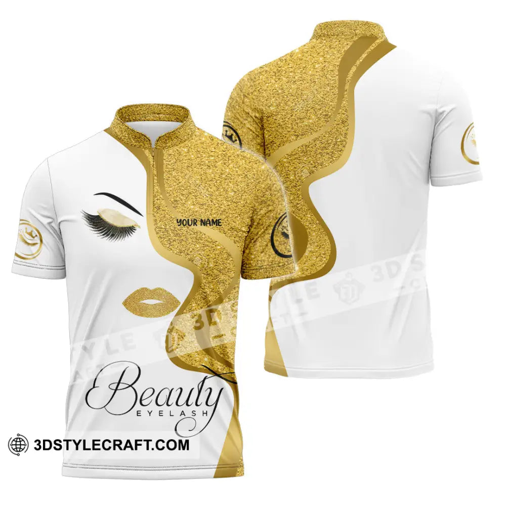 Unisex Shirt - Custom Name Gold Blink Beautiful Eyelash Zipper Polo / S T-Shirt
