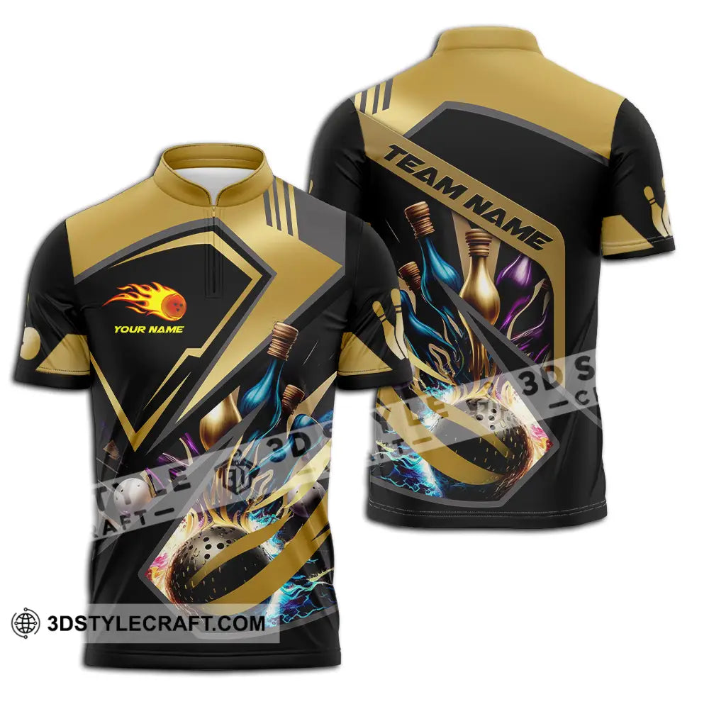 Unisex Shirt - Custom Name Gold Bowling Lover Zipper Polo / S T-Shirt