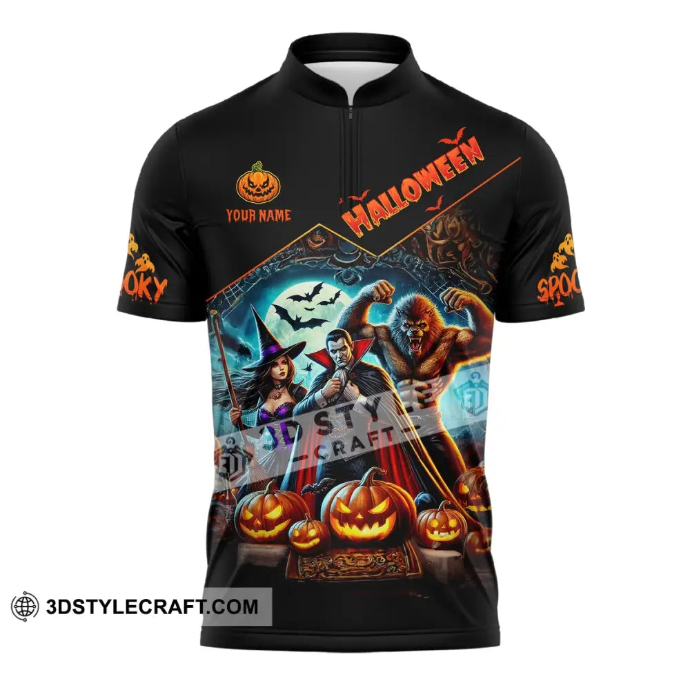 Unisex Shirt - Custom Name Halloween Spooky Zipper Polo / S T-Shirt