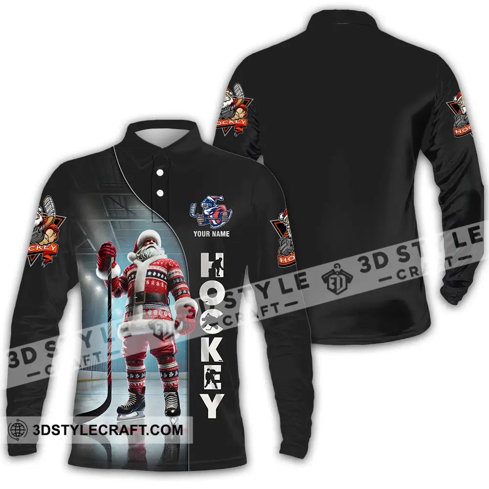 Unisex Shirt - Custom Name Santa Hockey Long Sleeve Polo / S T-Shirt