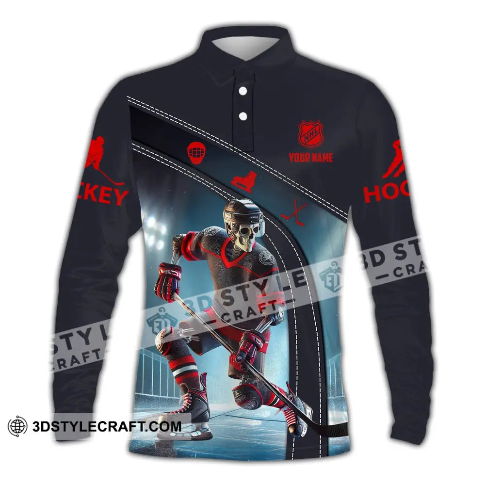 Unisex Shirt - Custom Name Skull Hockey Long Sleeve Polo / S T-Shirt