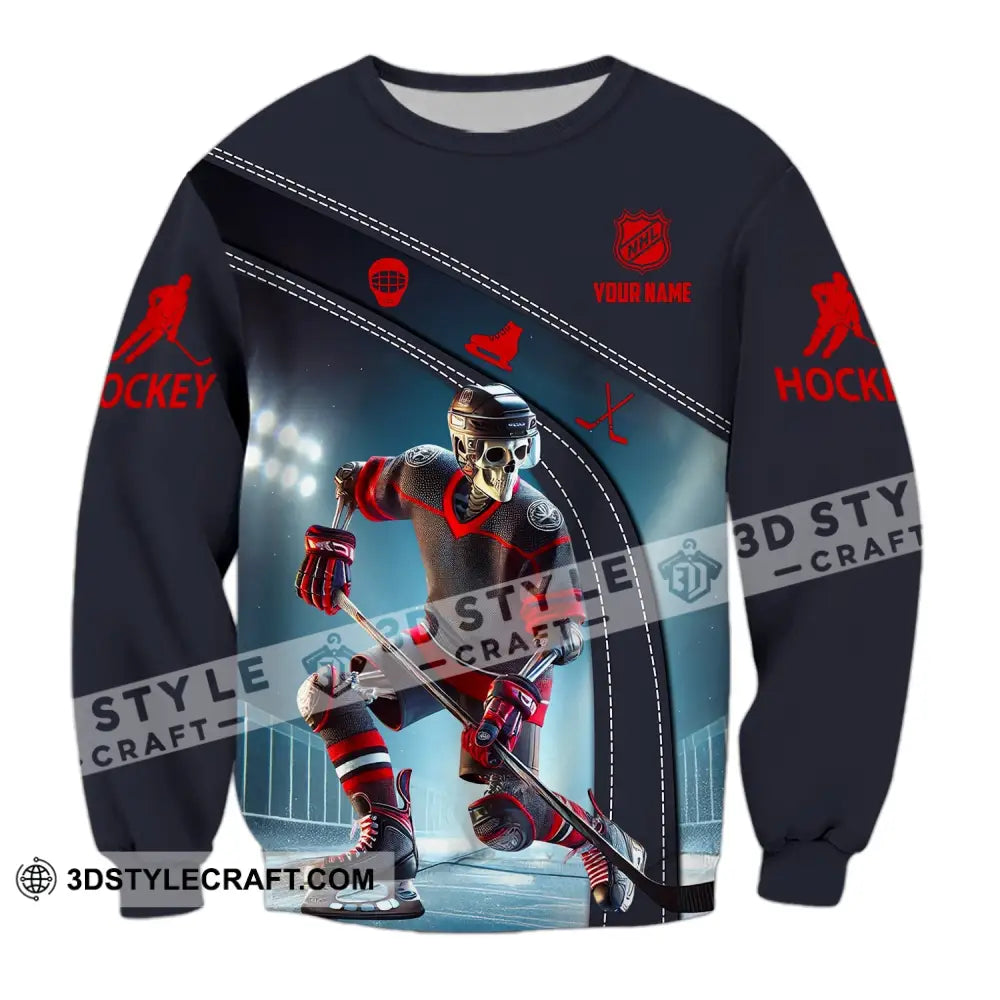 Unisex Shirt - Custom Name Skull Hockey Long Sleeve / S T-Shirt