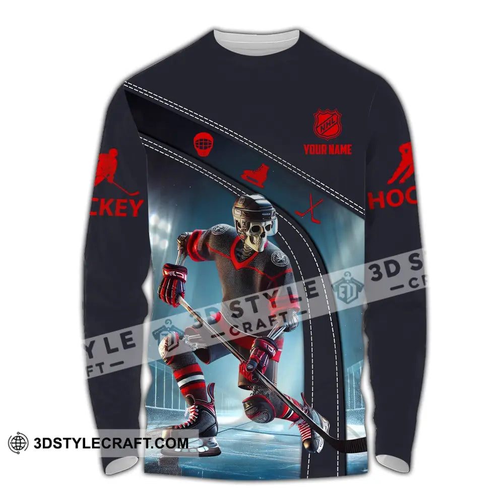 Unisex Shirt - Custom Name Skull Hockey Long Sleeve / S T-Shirt
