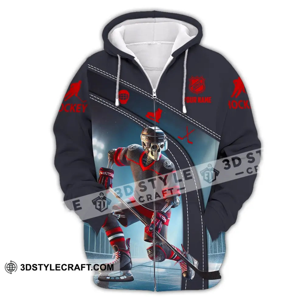 Unisex Shirt - Custom Name Skull Hockey Zipper Hoodie / S T-Shirt