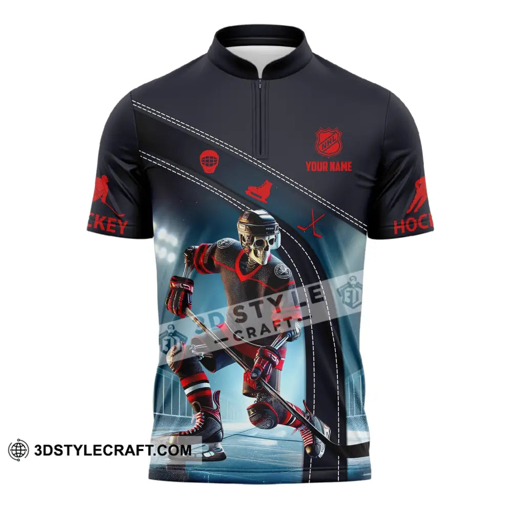 Unisex Shirt - Custom Name Skull Hockey Zipper Polo / S T-Shirt