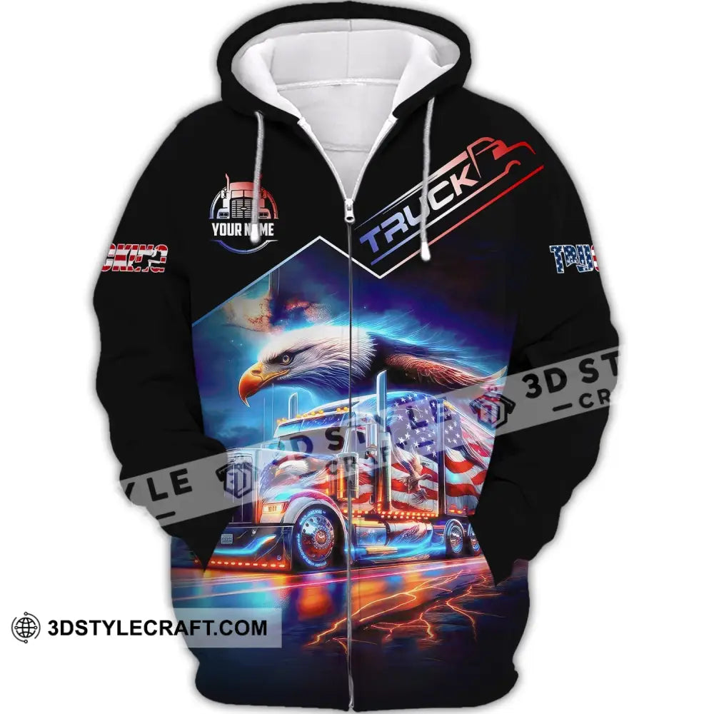 Unisex Shirt Custom Name Trucker T-Shirt Usa Flag American Zipper Hoodie / S