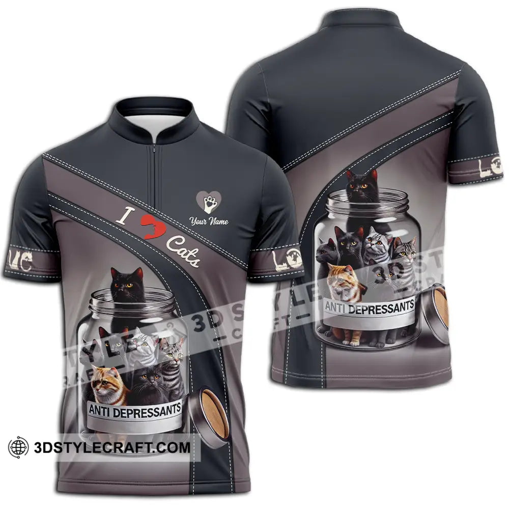 Unisex Shirt - Custom Text Shirt I Love Cat Shirt Zipper Polo Shirt / S T-shirt