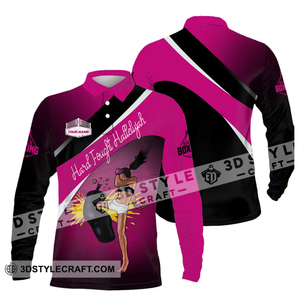 Unisex Shirt - Custom Text Kick Boxing Hard Fought Hallelujah Long Sleeve Polo / S T-Shirt