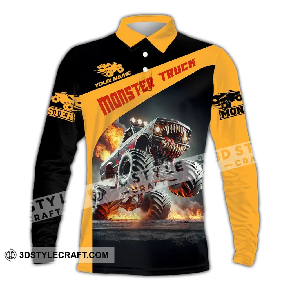 Unisex Shirt - Custom Text Monster Truck Long Sleeve Polo / S T-Shirt