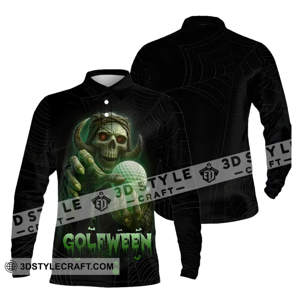 Unisex Shirt - Hello Darkness Skeleton Funny Skull Golf Golfween Halloween Golf Player Shirt Long Sleeve Polo / S