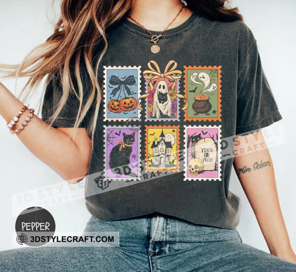 Unisex T-Shirt - Retro Halloween Cat Ghost Pumpkin T-Shirt Halloween Collectible Gift Pepper / S Apparel