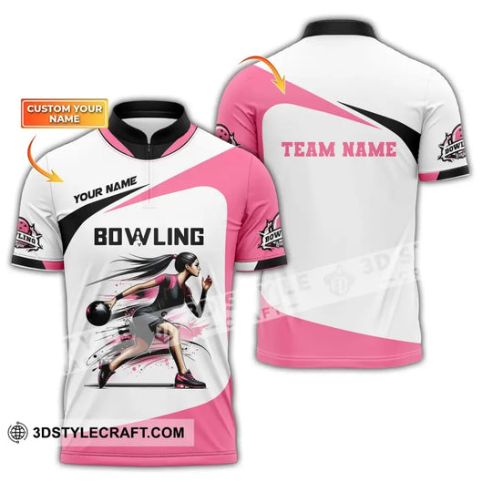 Woman Shirt, Custom Name Bowling Zip Polo Shirt, Shirt for Bowling Player, Bowling T-shirt style option 1